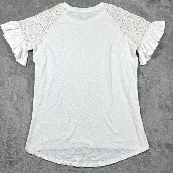 Suzanne Betro L Ivory Blouse Lace Ruffle Bell Sleeve Feminine Top NWOT - Picture 4 of 7